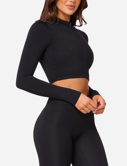 TZLDN Women's Cropped Workout Jacket Full Zip Up Long Sleeve Turtleneck Lightweight Gym Running Yoga Athletic Crop Tops Black - Small