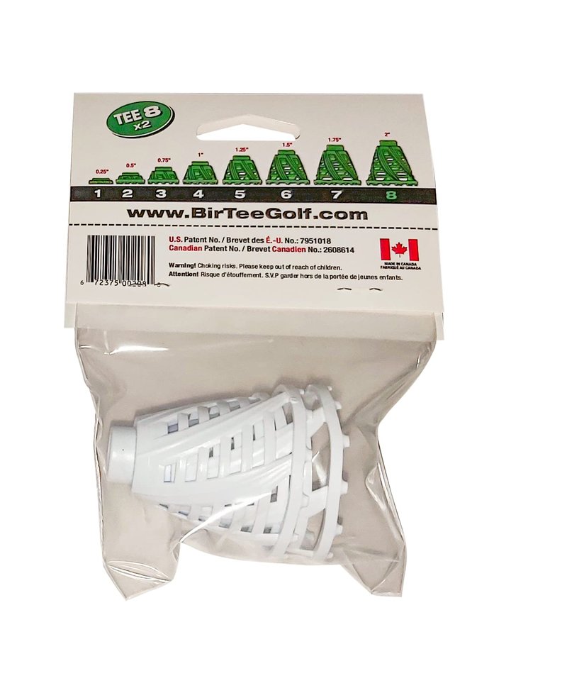 BirTee Pro Golf Tees - Size #8 (2") Individual Size Pack - 2 Tees Per Pack. Winter/Mat/Simulator Tees (White)