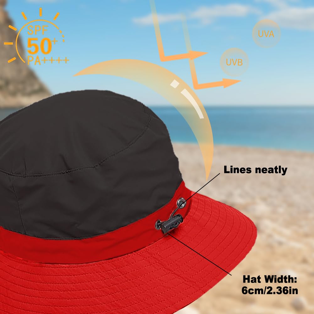 Foldable Bucket Hat for Men Women - Quick Dry Wide Brim Sun Hat with UPF 50+ UV Protection, Packable Breathable Cap for Travel, Hiking, Fishing & Beach（Black red）