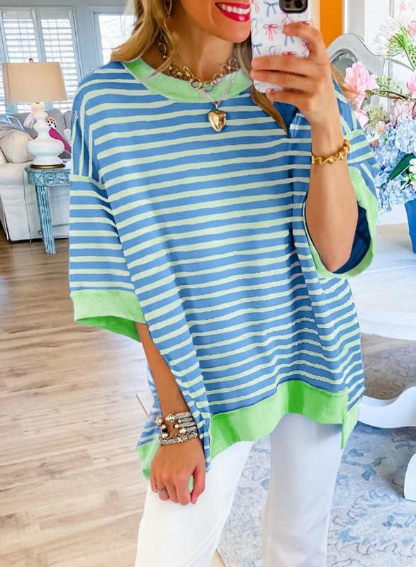 Oversized Striped Sweatshirt - Sky Blue Stripe, Medium