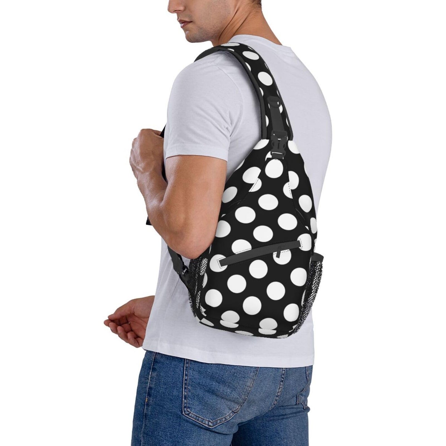 QISENTIS Polka Dot Sling Bag for Women Men White Dots on Black Background Modern Pattern Travel Crossbody Bags Abstract Dots Pattern Casual Sling Backpack Chest Shoulder Bag Gym Sports Hiking Daypack