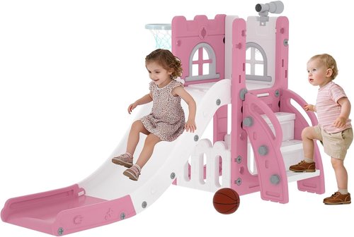 LulliSpace 6-in-1 Toddler Slide | Versatile Indoor & Outdoor Playset with Basketball Hoop & Telescope