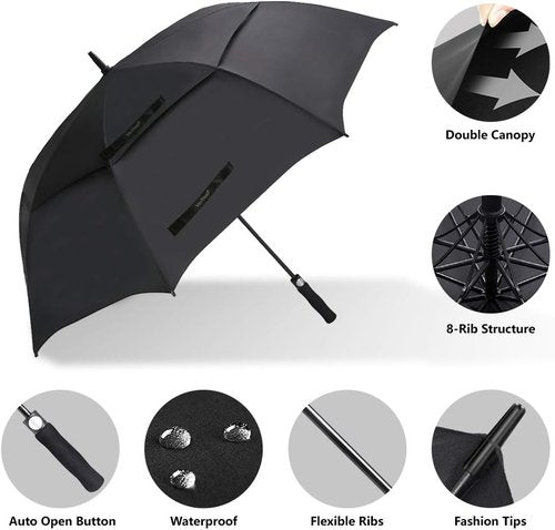 Large Oversize Golf Umbrella by USA - Windproof Double Canopy with Teflon Coating | Coal Black