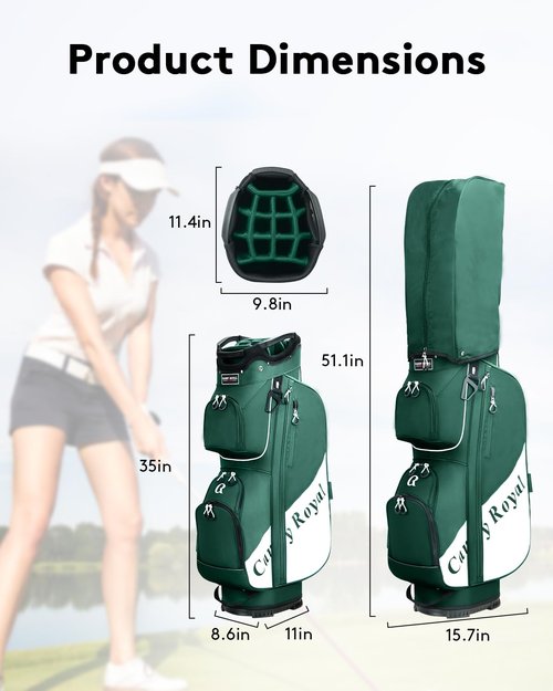 Golf Cart Bag:14 Way Full Length Divider Top Lightweight with Cooler Handles Rain Cover and Golf Shoe Bag Green (Dark Green)