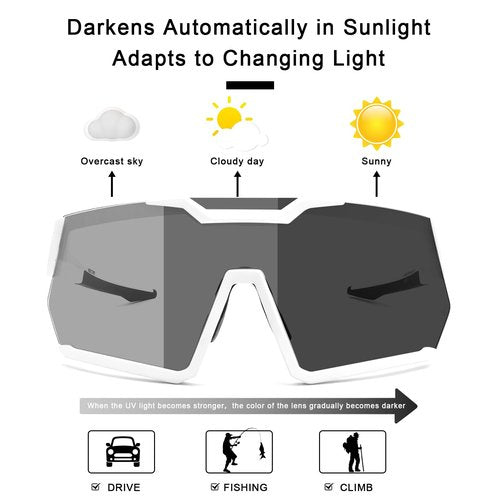 Awdchny Photochromic Z87 Sunglasses for Men Women Safety Sports Sunglasses, ANSI Z87 Impact Rated TR90 Frame UV400 Protection Running Cycling 8001 White Frame