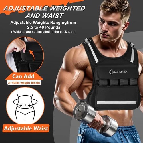 Huanovix Weighted Vest, 0-40 LBS Adjustable Weight Vest With Reflective Stripe, No Weights Included, Ultra Thick Shoulder Padding Design Rucking Vest for Walking, Running, Strength Training, Etc