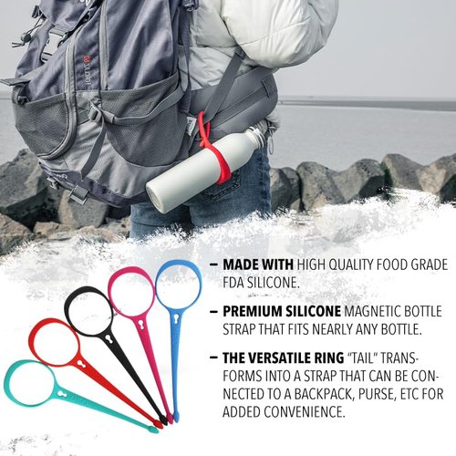 OHMY FIT Neo Magnetic Silicone Ring Strap for Water Bottle - Water Tumbler Strap Versatile Sports Bottle Ring - Water Bottle Carrier Strap for Gym, Backpack, Belt, Hiking,Outdoors & More (Onyx Black)