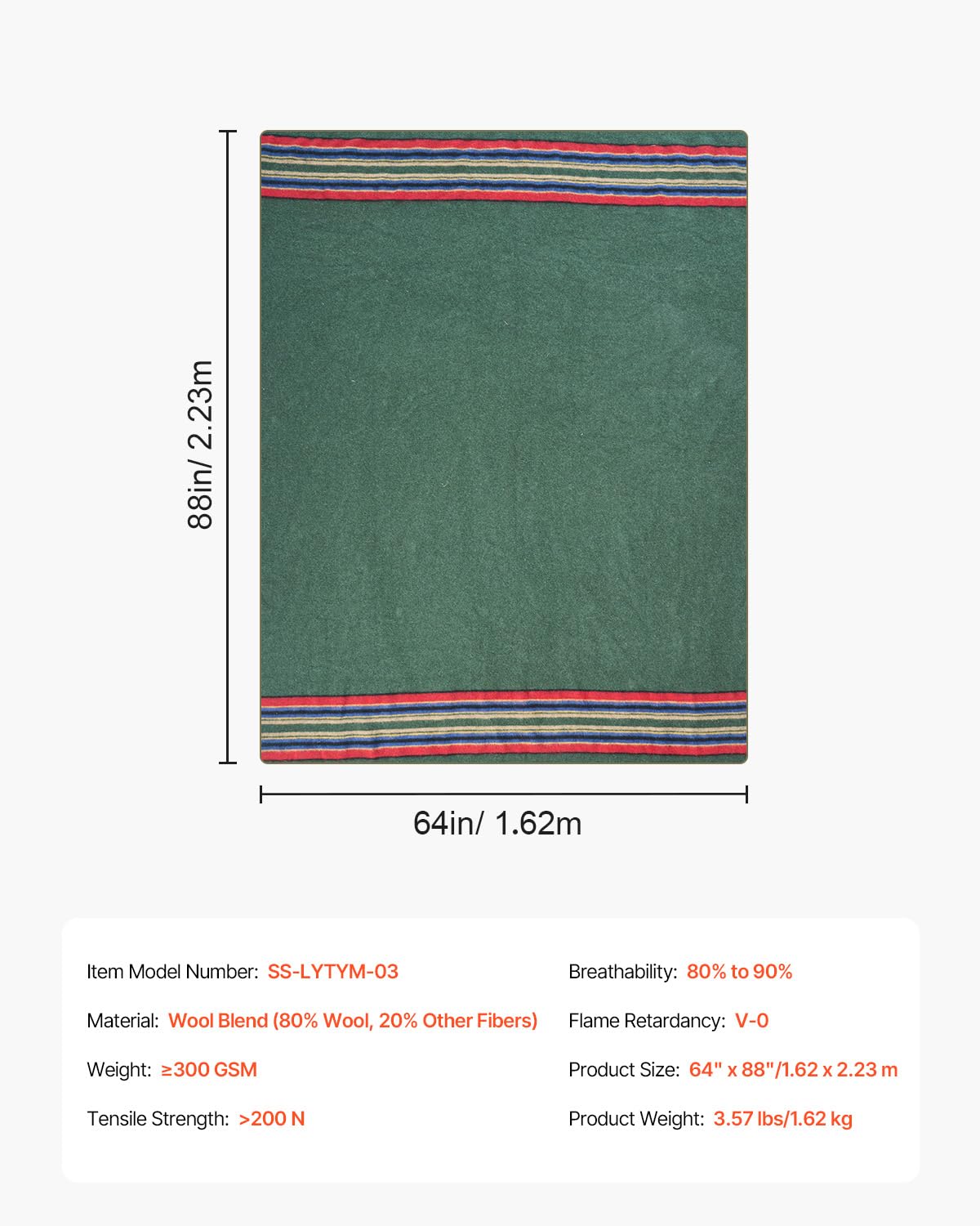 VEVOR Wool Camping Blanket, Large Warm Stadium Blanket, Flame Retardant, Great for Outdoors, Picnics, Hiking, Sports Events, Travel, Car & Bushcraft Survival Kits, 64" x 88", Striped Throw Blanket