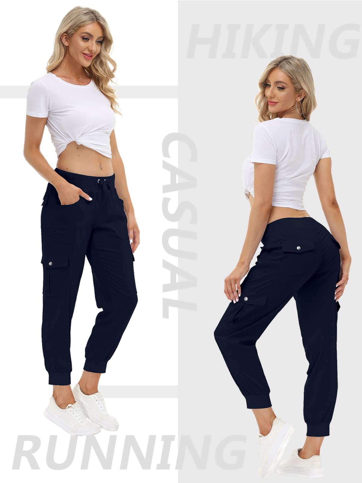 MoFiz Women Cargo Pants with Pockets Lightweight Outdoor Summer Travel Casual Hiking Pants Running Joggers Sweatpants Elastic Waist Navy 2XL