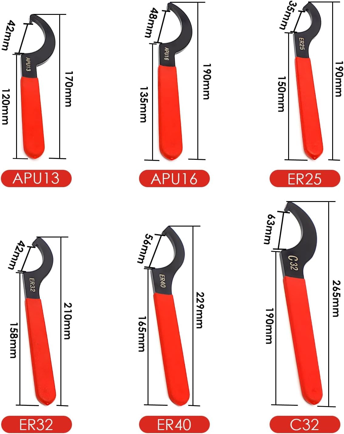 Tissting 6PCS C Spanner Wrench Set - Precision Coilover Spanner Tool Kit for Shock Absorber & Suspension Adjustment,Heavy-Duty Steel with Non-Slip Handle,Includes APU13/ER25/APU16/ER32/ER40/C32 Sizes