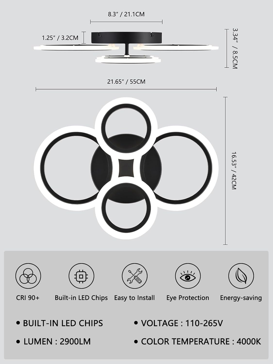 Modern LED Flush Mount Ceiling Light - 4 Rings 4000K Fixture for Kitchen & Living Room