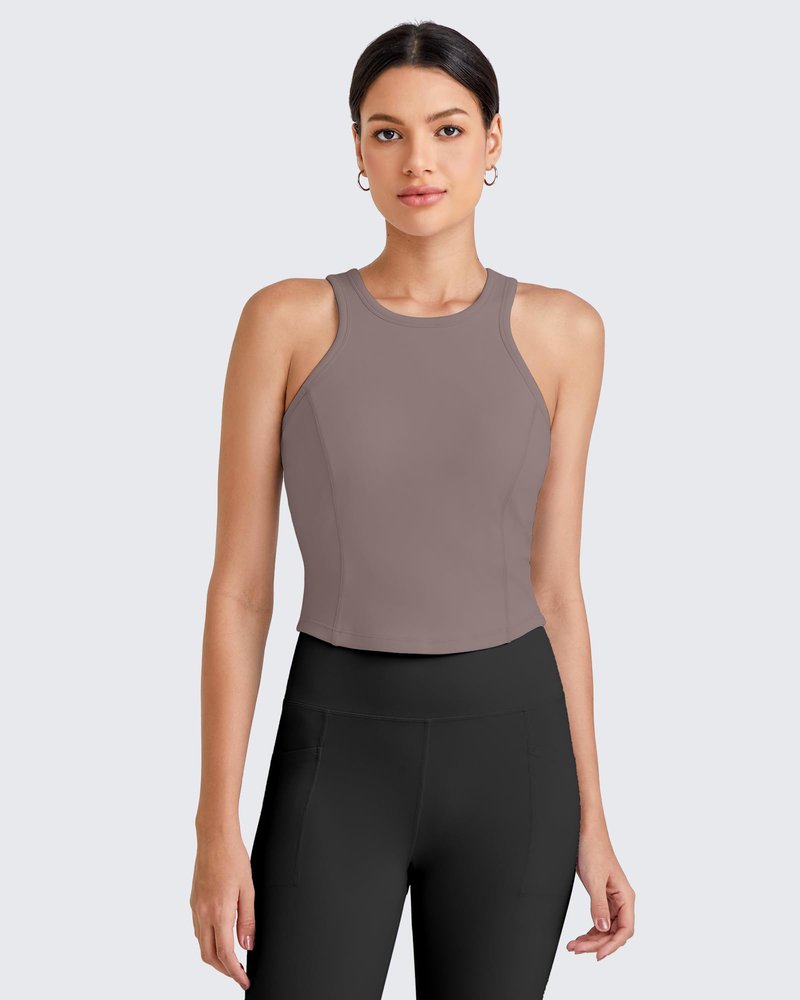 G4Free Yoga Tank Tops for Women with Built in Bras Racerback Longline Sports Bra Removable Pads Summer Clothes for Workout Running (Taupe,XL)
