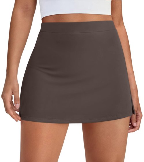 AUTOMET Women's Mini Tennis Skirt with Shorts Underneath 2026 Athletic Workout Cute Golf Skorts Trendy Summer Gym Clothes Brown S