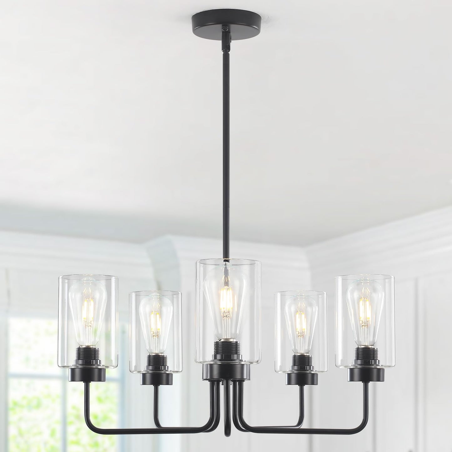 5-Light Modern Farmhouse Black Chandelier for Dining Room, 22" Industrial Pendant Light Fixture with Glass Shades, Adjustable Hanging Ceiling Lamp for Kitchen Island, Living Room, Bedroom, Foyer