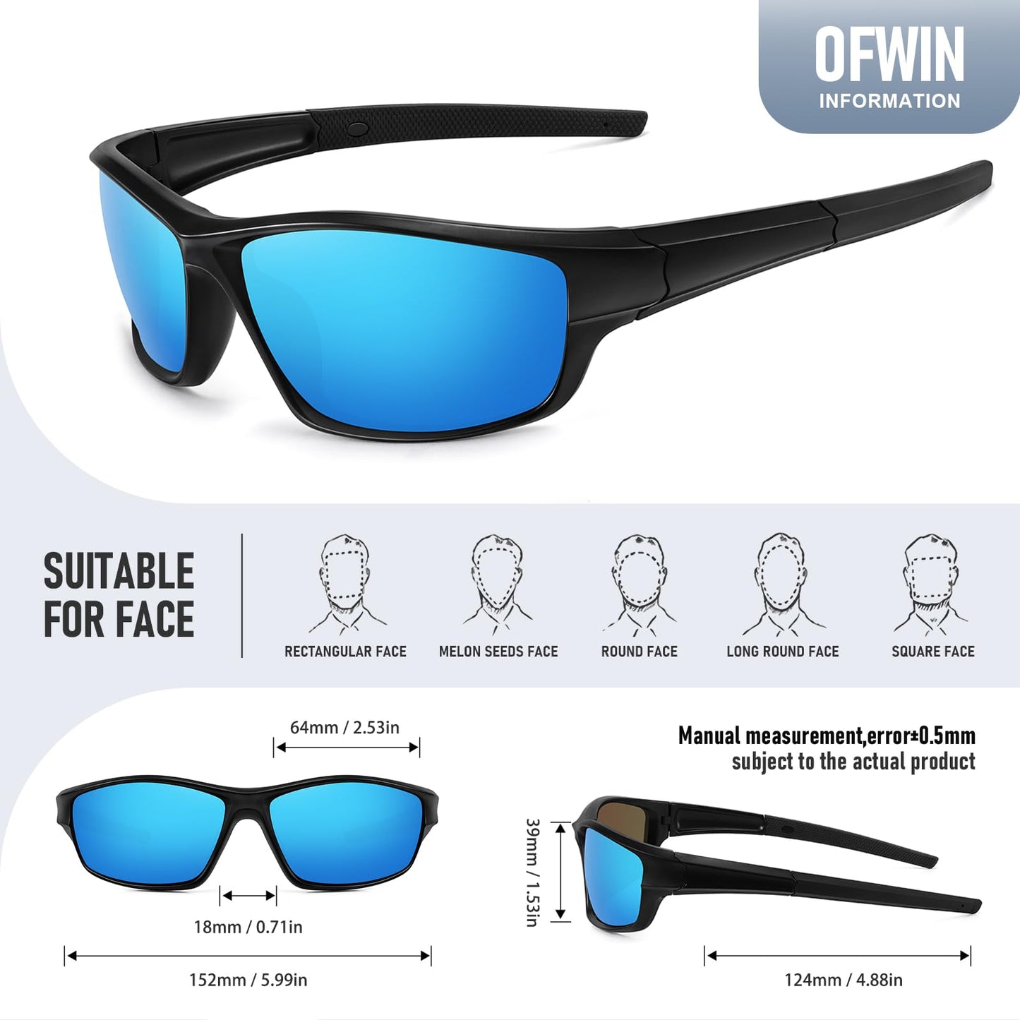 Ofwin Polarized Sports Sunglasses for Men Women Driving Cycling Fishing Wrap Around Sun Glasses UV400 Protection Matte Black Frame/Blue Mirror Lens