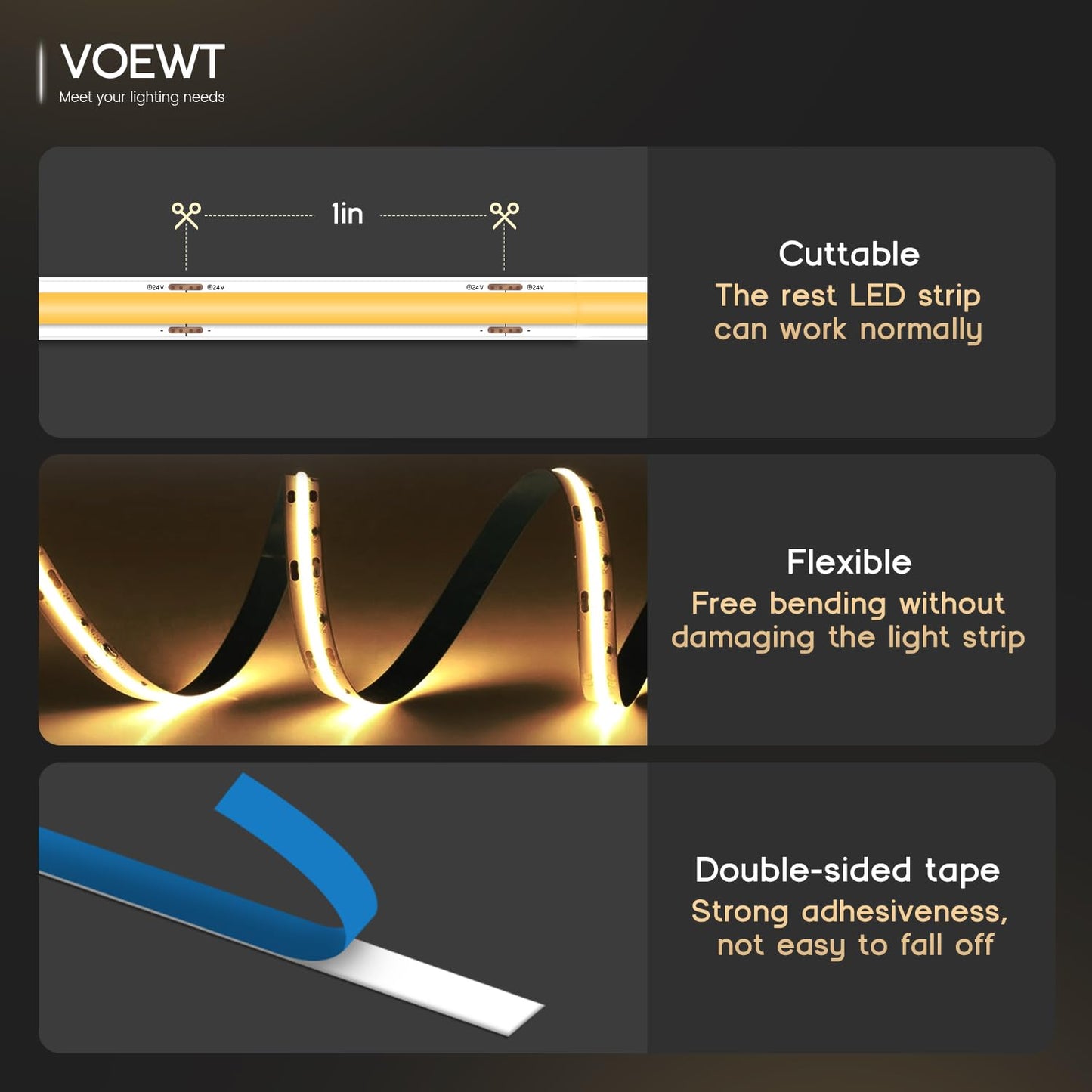 VOEWT COB LED Strip Lights Daylight White 6000K,16.4ft 12V High CRI 95Ra+ Super Bright,Flexible Tape Lights for Bedroom,Mirror,Kitchen Cabinet, Living Room(Power Supply Not Included)