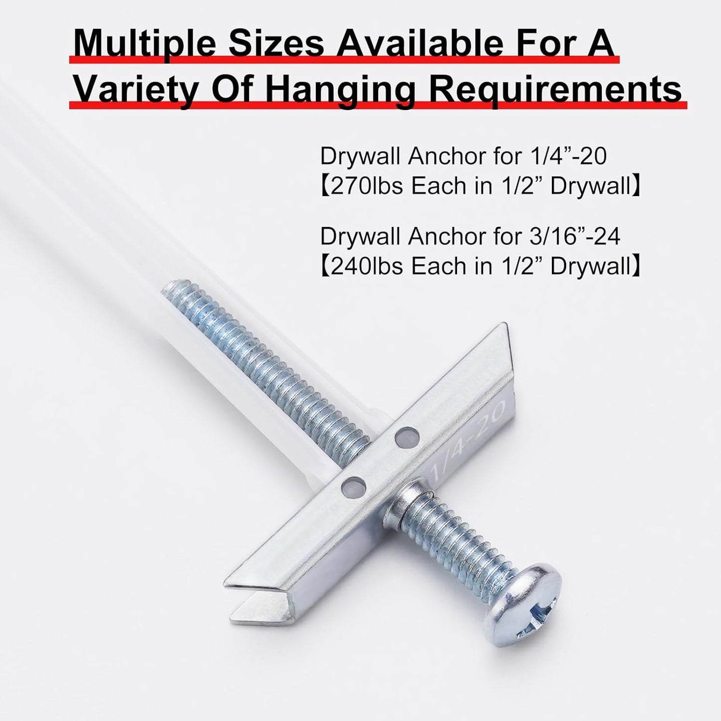 Heavy Duty Drywall Anchor Bolts with 1/4"-20 Fastener Suitable for TV Mounting Hollow Wall Anchor Bolt Screw Kit Supports Up to 270 lbs Each on 1/2 Inch Drywall Pack of 10
