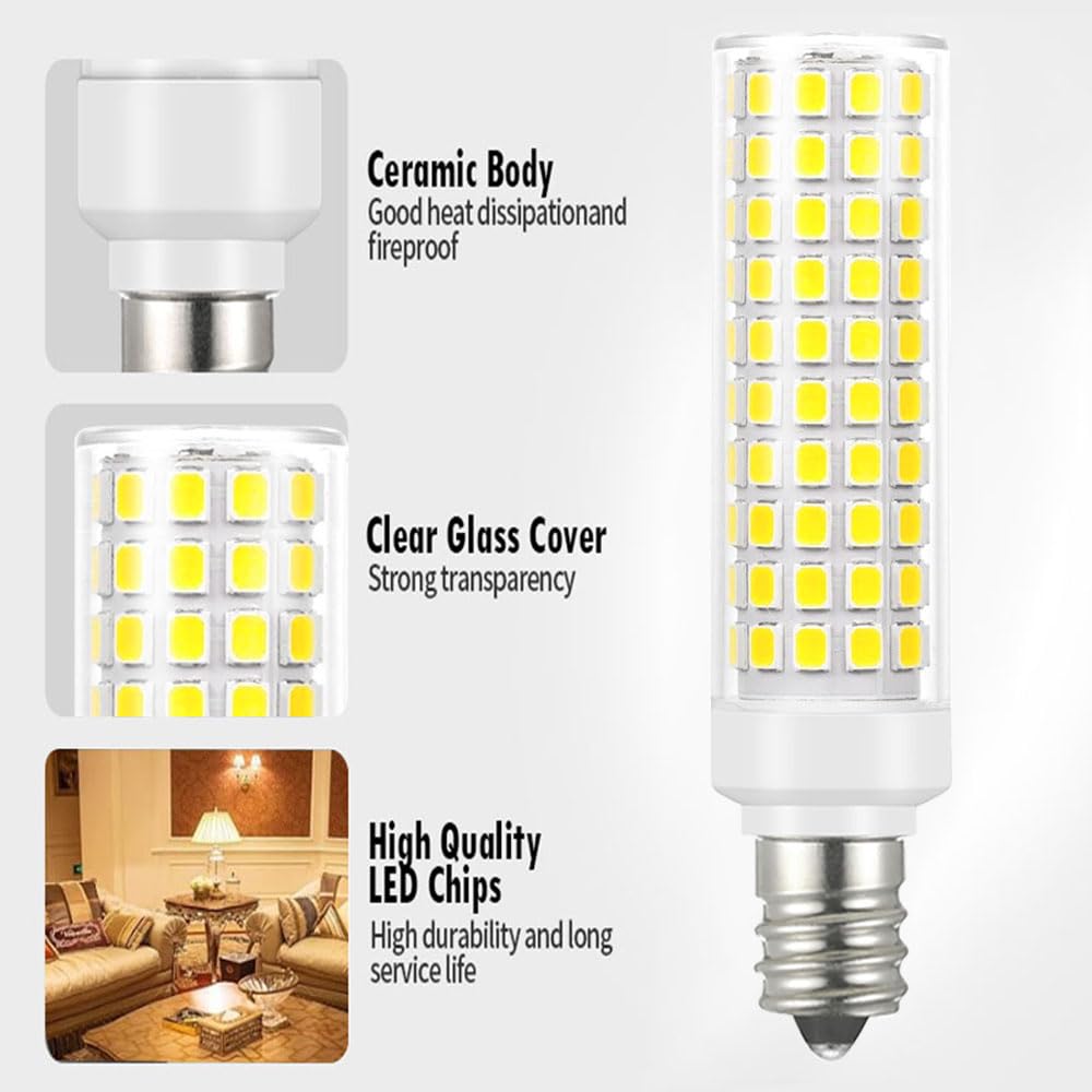 E12 100W Candelabra LED Light Bulbs Equivalent, 6000K Daylight Bright Cool White,1200 Lumen C7 T6 Not-Dimmable E12 12W LED Chandelier Bulbs for Ceiling Fan Pendant Salt Lamp,2 Pack