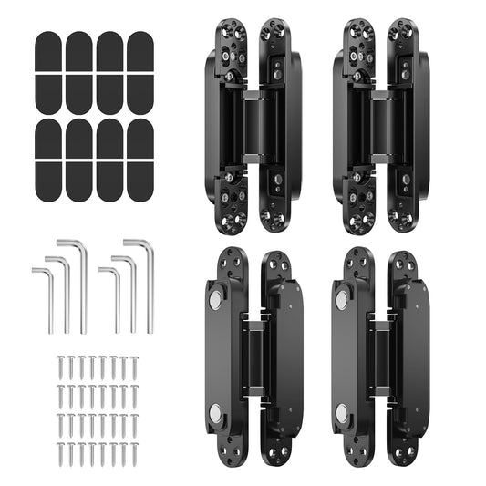 4-Pack 7 inch Hidden Hinges for Doors Invisible Hinges Concealed Zinc Alloy 180 Degree Swing 3 Way Adjustable Butt Silent Door Hinge 7 x 2.8 x 1 inch (Black