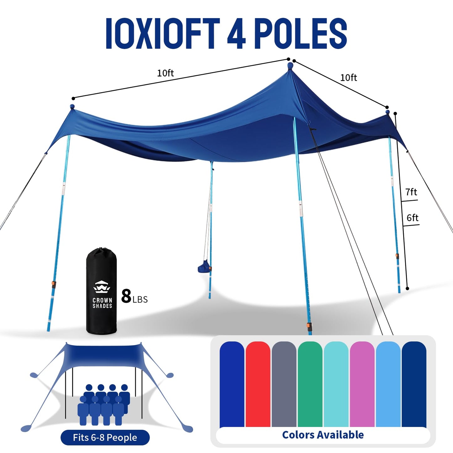 CROWN SHADES 10x10 Beach Tent Sun Shelter, Easy Pop Up Beach Canopy Shade, UPF50+, 4 Poles Adjustable, Dark Blue
