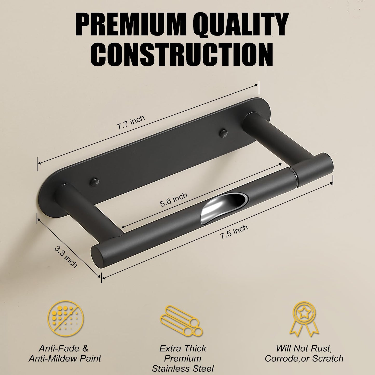 BESy Adhesive or Screw Toilet Paper Holder Wall Mount Rustproof Modern Roll Holder Flexible Pivoting Adjustable Tissue Handle with Self Adhesive or Mounted with Screws Stainless Steel Matte Black