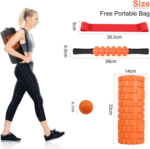 Aucuu Foam Roller Set - 5-in-1 Massage Roller, Yoga Stick, Ball & Stretching Strap | Orange