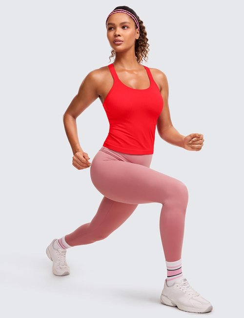 CRZ YOGA Seamless Ribbed Tank Top - Women's Racerback Athletic Camisole with Built-In Bra, Padded Design