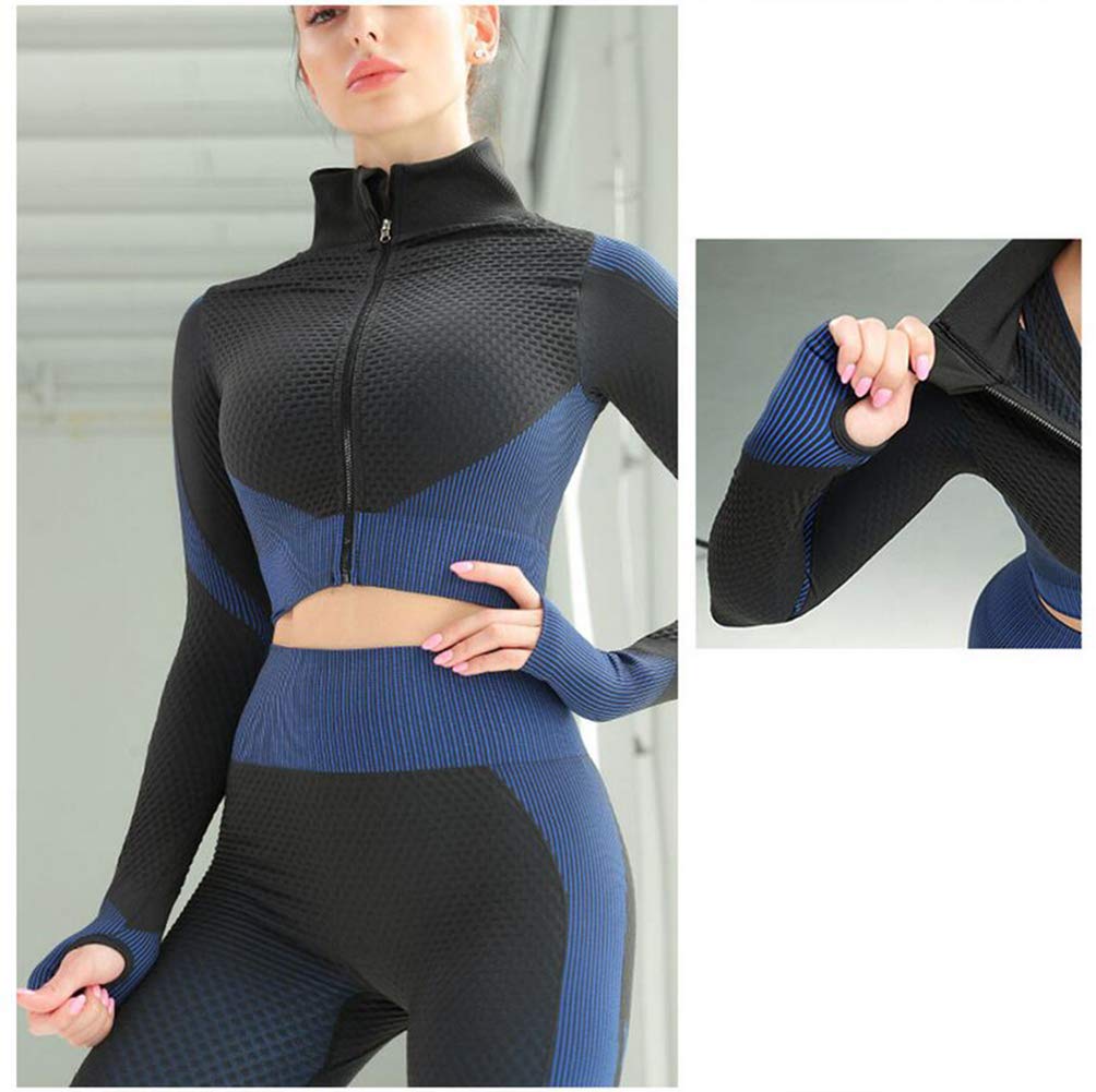 Veriliss Women's 3pcs Seamless Outfits Workout Sets,Gym Clothes Yoga Sportswear Leggings and Stretch Sports Bra Gym jumpsuits Clothes Set (BlackBlue, M)
