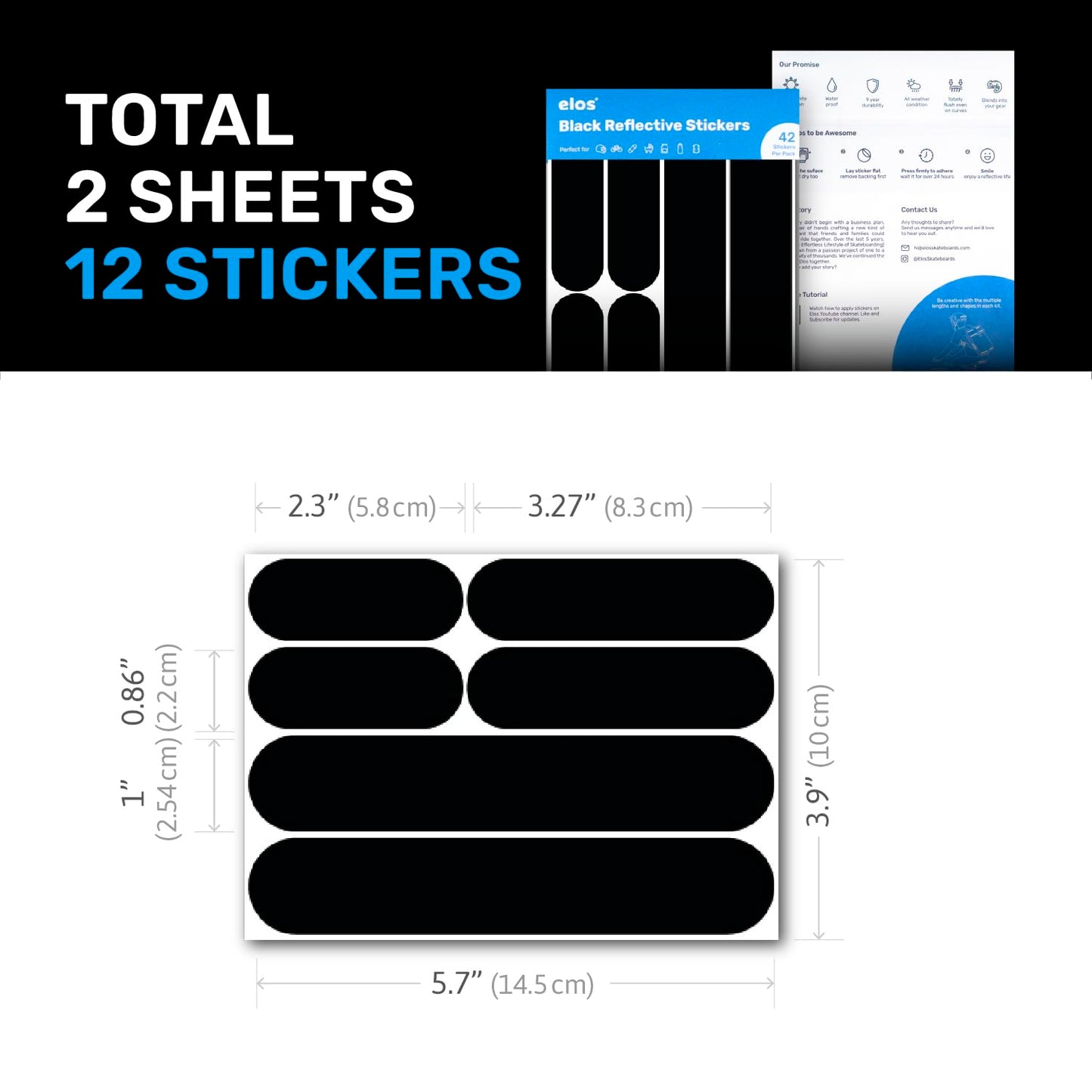 Elos Reflective Gear 3M Reflective Black Stickers - Reflective Helmet Tape, Motorcycle Tape, Hi Viz Stickers for Helmets - Discreet Black Until Light Hits It (Jumbo)