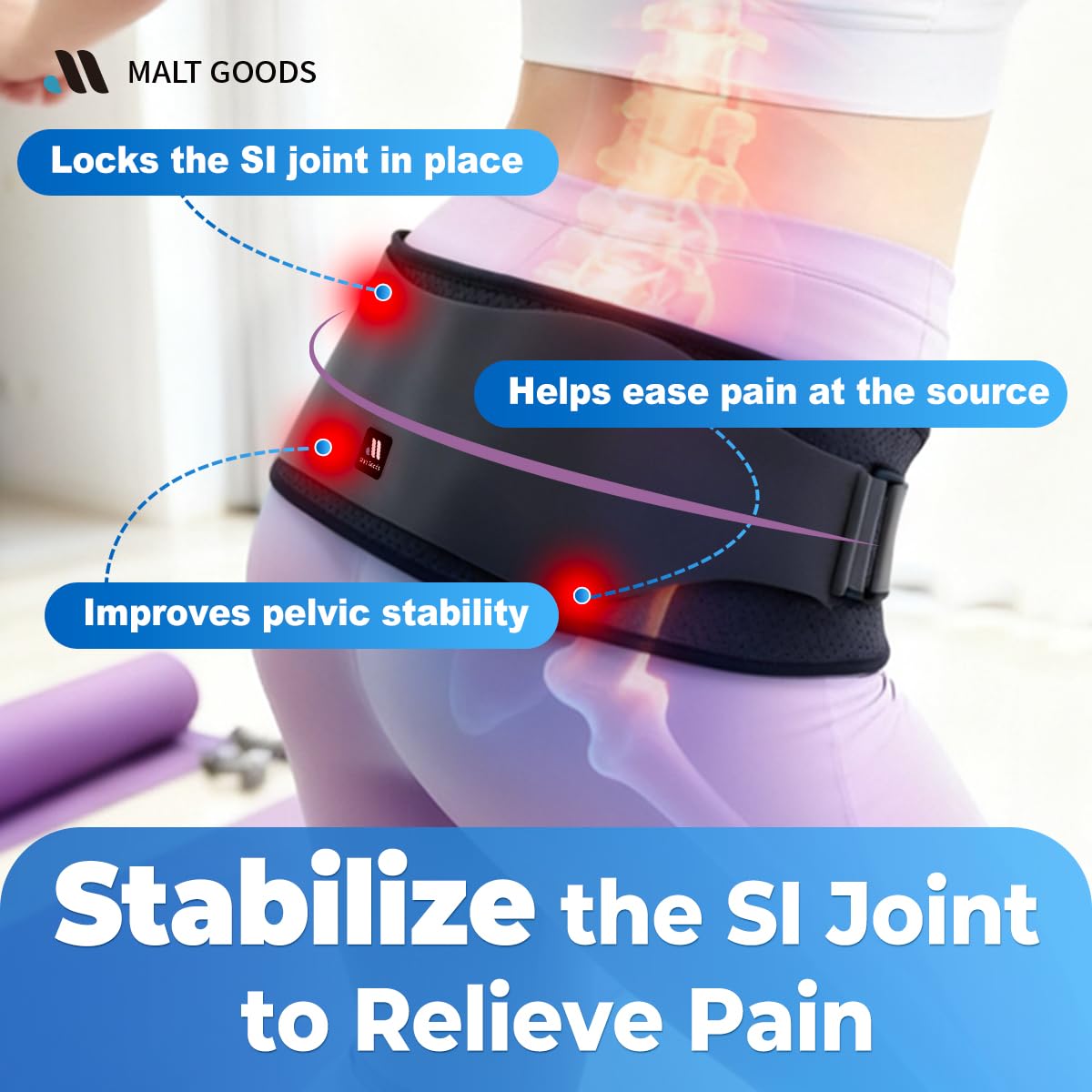MALT GOODS Widened SI Joint Belt with 3D Massage Pads – Anti-Slip Sacroiliac Brace with Enhanced Stability for Pelvic & Sciatica Pain Relief. Breathable SI Support Belt for Women & Men (M)