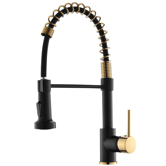 AIMADI Matte Black Kitchen Faucet,Black and Gold Kitchen Faucet with Pull Down Sprayer Commercial Single Handle Spring Sink Faucets Suitable for Farmhouses,Camper Laundry Rv Bar