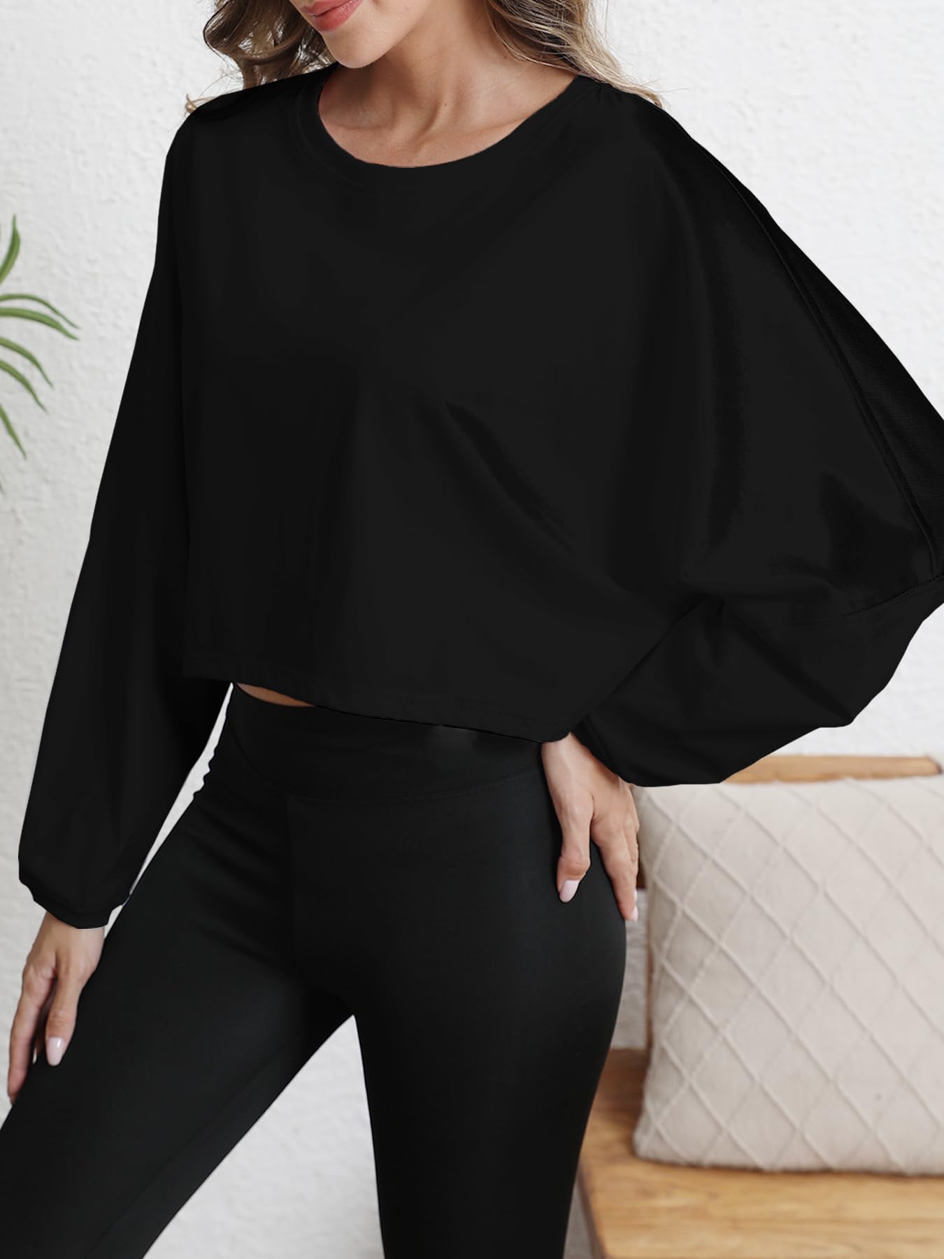 MATEAM Womens Cropped Sweatshirt Loose Fit Workout Tops - Crewneck Pullover Long Sleeve Casual Fashion Sweaters for Yoga Gym Fitness Black M