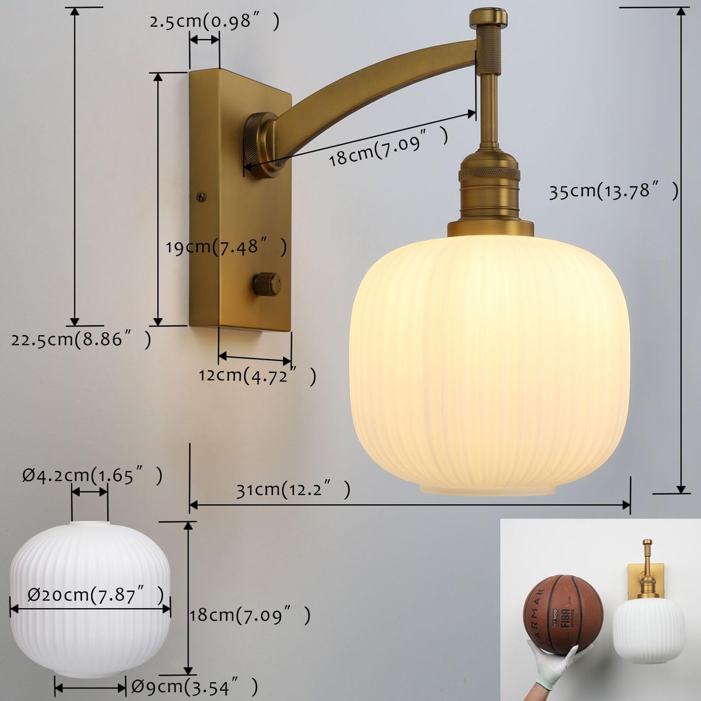 Pathson Milk White Glass Wall Sconce with Switch, Hardwired Wall Vanity Light, Mid-Century Vintage Wall Lamp Fixture or Living Room Farmhouse Bathroom Bedside Lighting