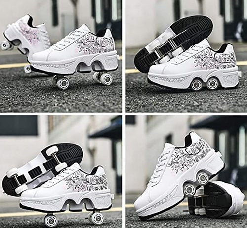 Roller Skate Shoes for Women, Double-Row Deform Quad Roller Skates, Automatic Walking Shoes Detachable Roller Skate, Shoes with Wheels for Girls Boys, Skating Shoes Unisex (White Flower, US 8)