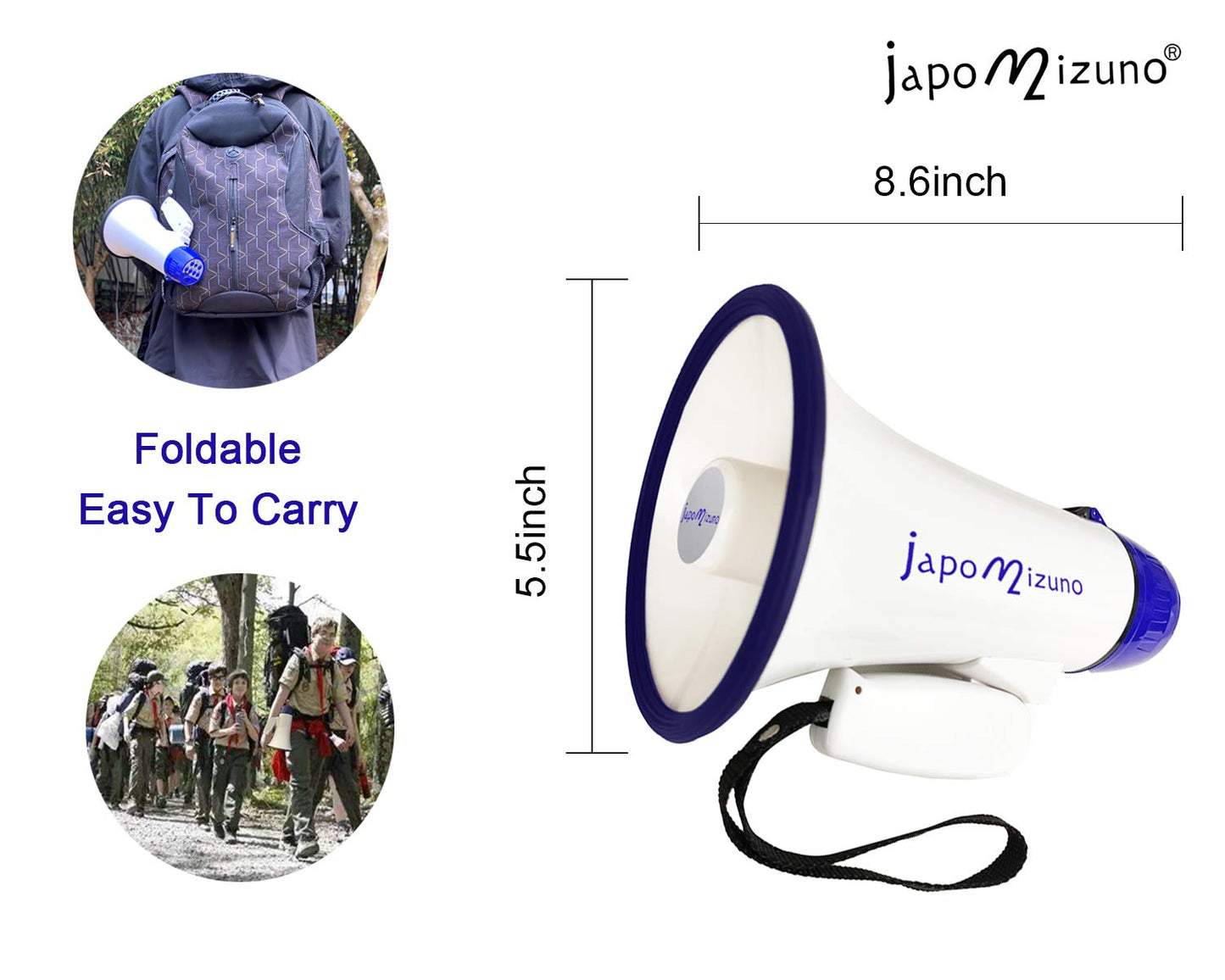 japomizuno 30W Rechargeable Megaphone Speaker - Portable Bullhorn with 240S Recording, USB MP3 Player, Siren & Foldable Handle - High Power PA System for Outdoor Event