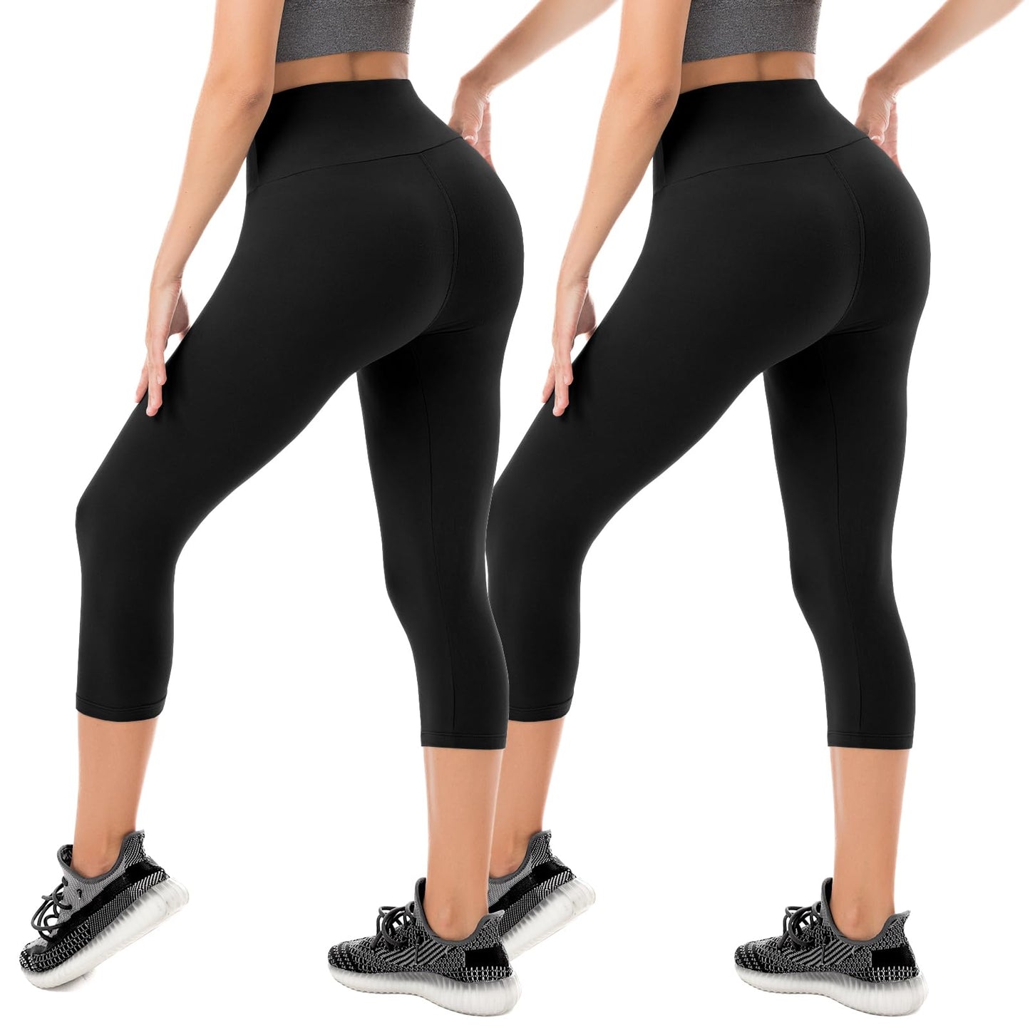 SINOPHANT Capri Leggings for Women - 2 Packs Buttery Soft Yoga Pants for Gym Athletic Black XXL