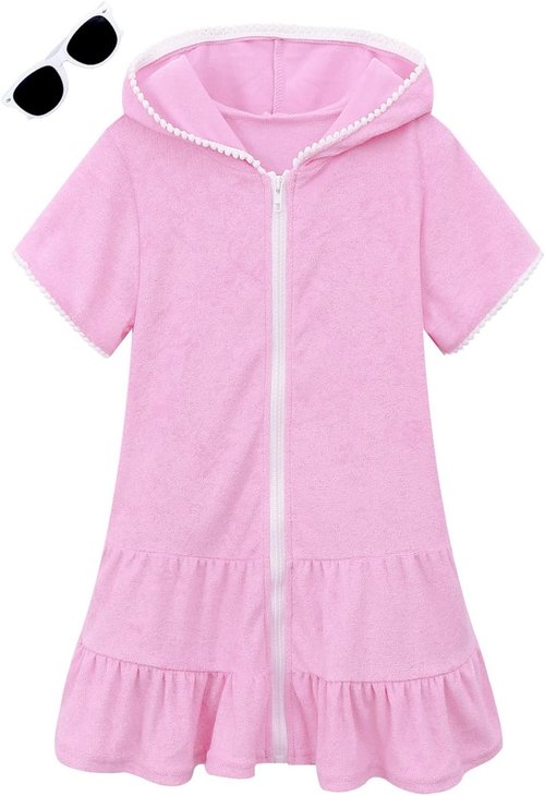 LUCKYGAL Girls Swim Cover-Up - Terry Zip-Up Beach Bathing Suit Wrap with Sunglasses | Stylish & Comfortable