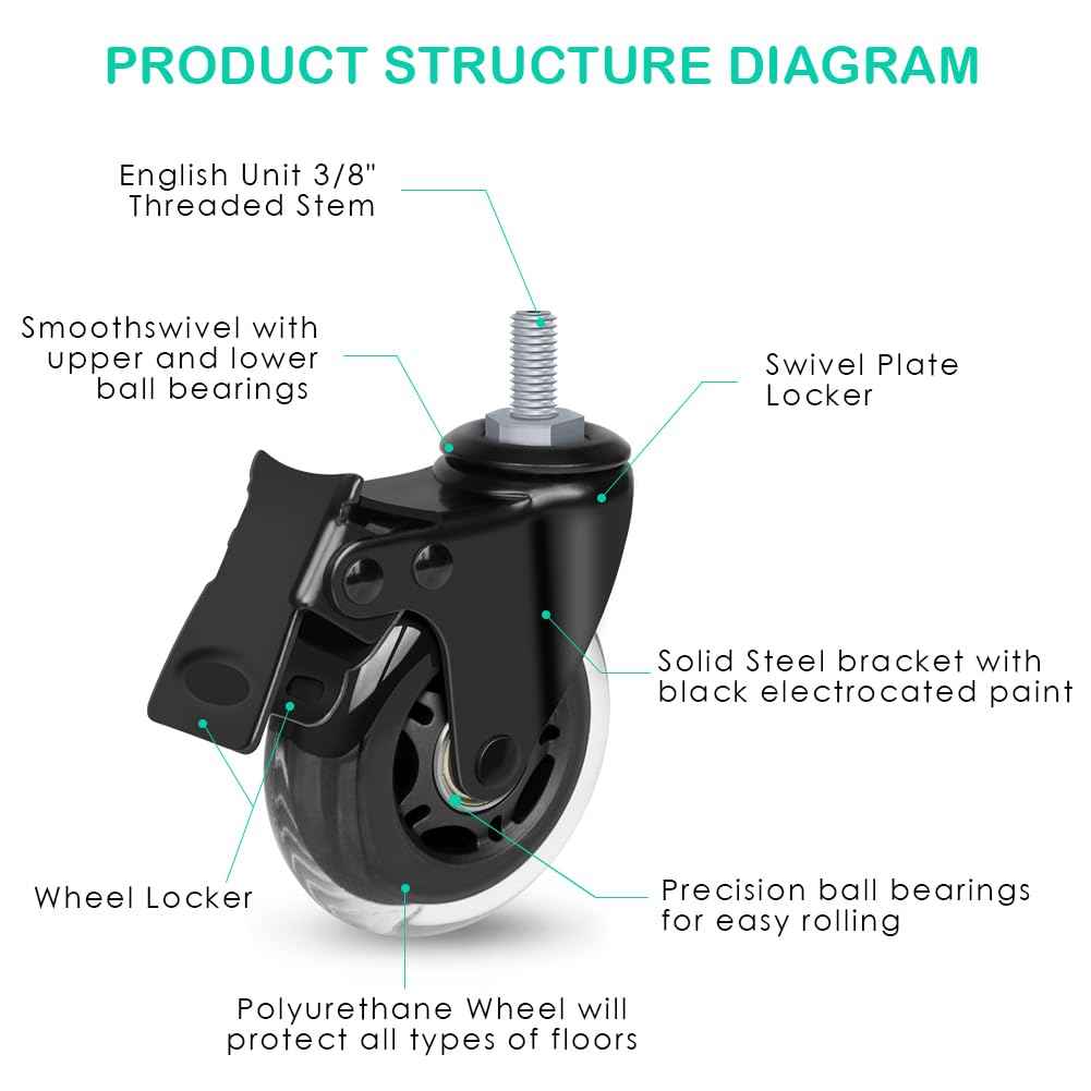 8T8 3 Inch Rubber Caster Wheels Heavy Duty with Brakes, 3/8"-16 x 1 Threaded Stem Casters Set of 4 (Screw Diameter 3/8", Length 1"), Quiet and Smooth Rolling Castors for Furniture Hardwood Floors
