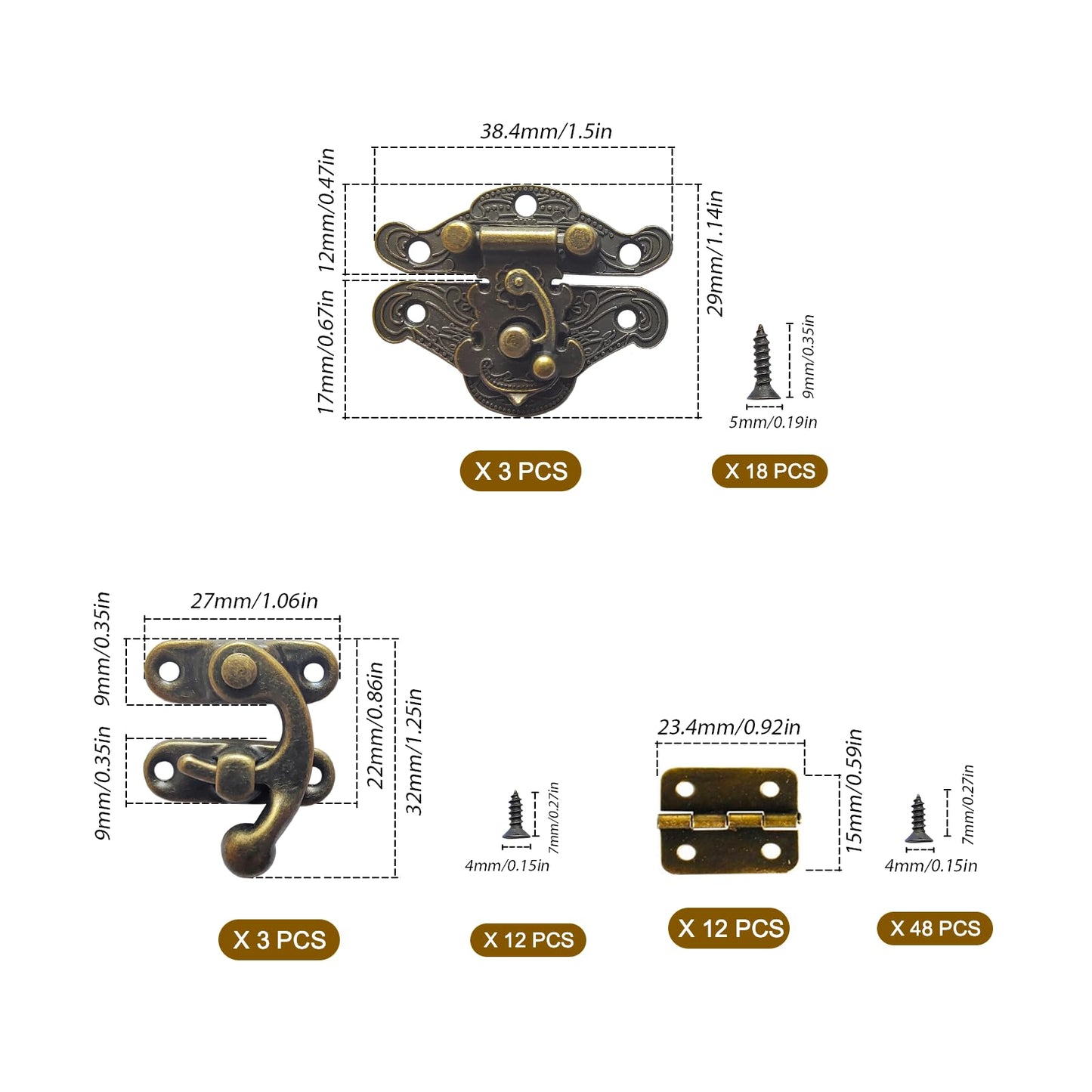 EAEDMY 18 Sets Retro Jewelry Box Hinges, Latches and Hooks for Wooden Boxes - Antique Cabinet Furniture Hardware, Small Bronze Brass Latch Hing - Bronze Tone(Catch*6 + Hinges*12) (18)