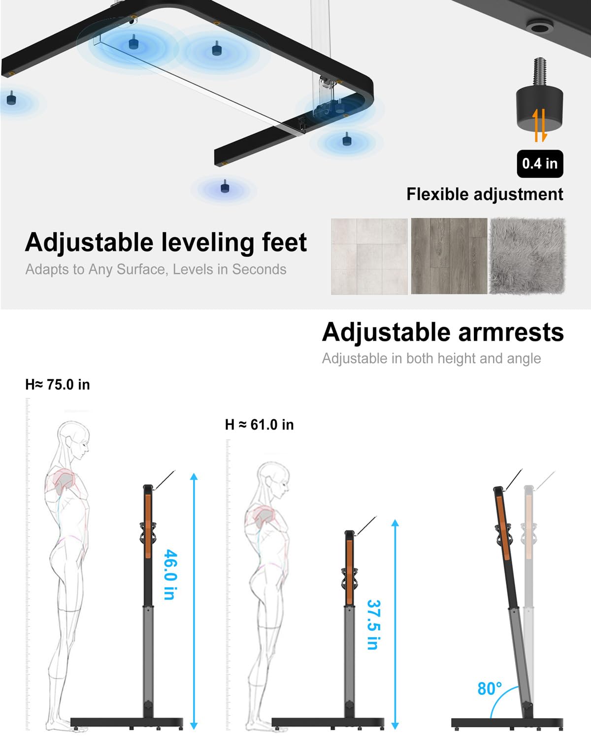 Foldable Walking Pad Handle Bar, Adjustable Height & Angle for 22.4" Wide
