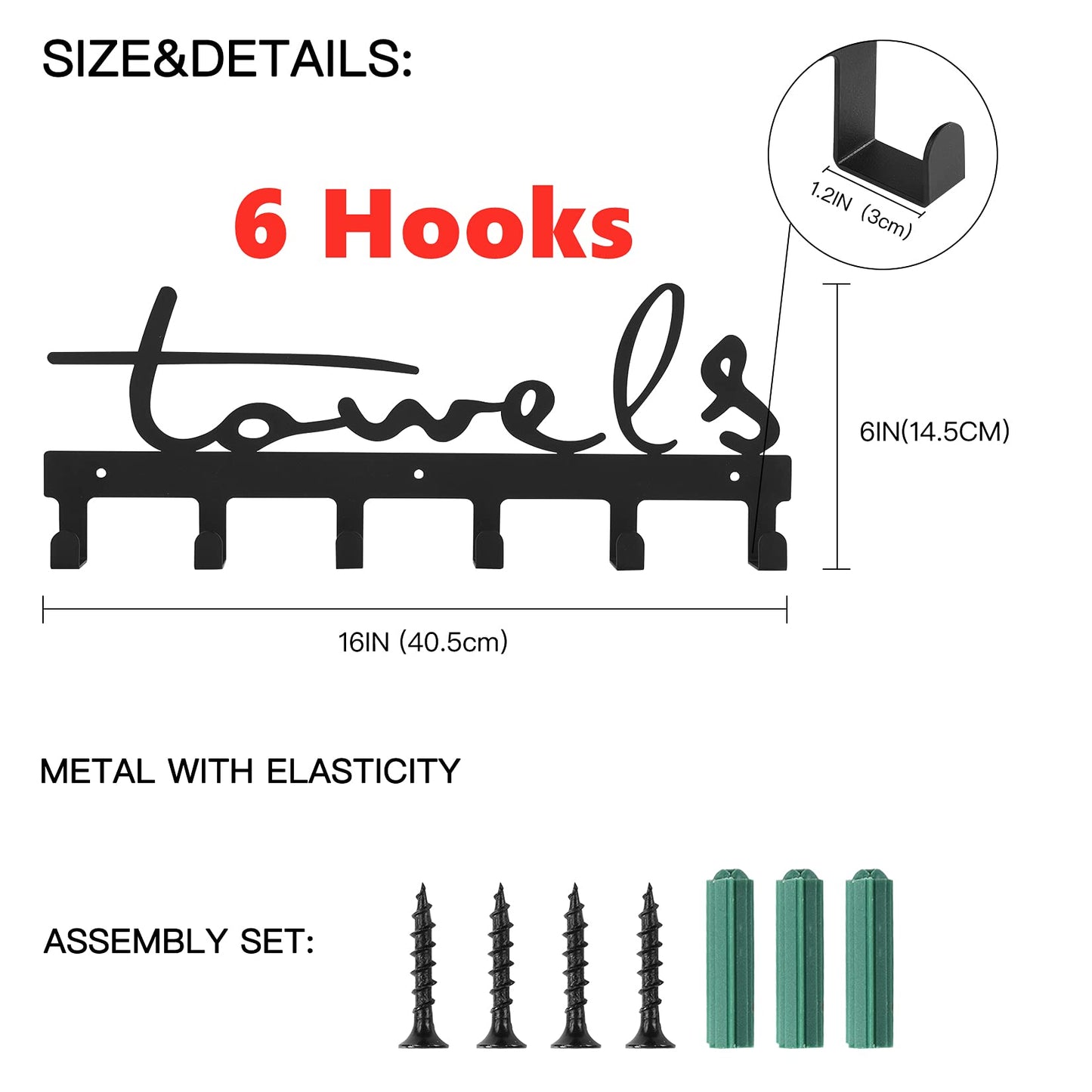Goutoports Bathroom Towel Rack Wall Mount Towel Holder Kitchen Metal Holder Rack 6 Hooks Hot Tub Accessories Rustproof and Waterproof (Black)