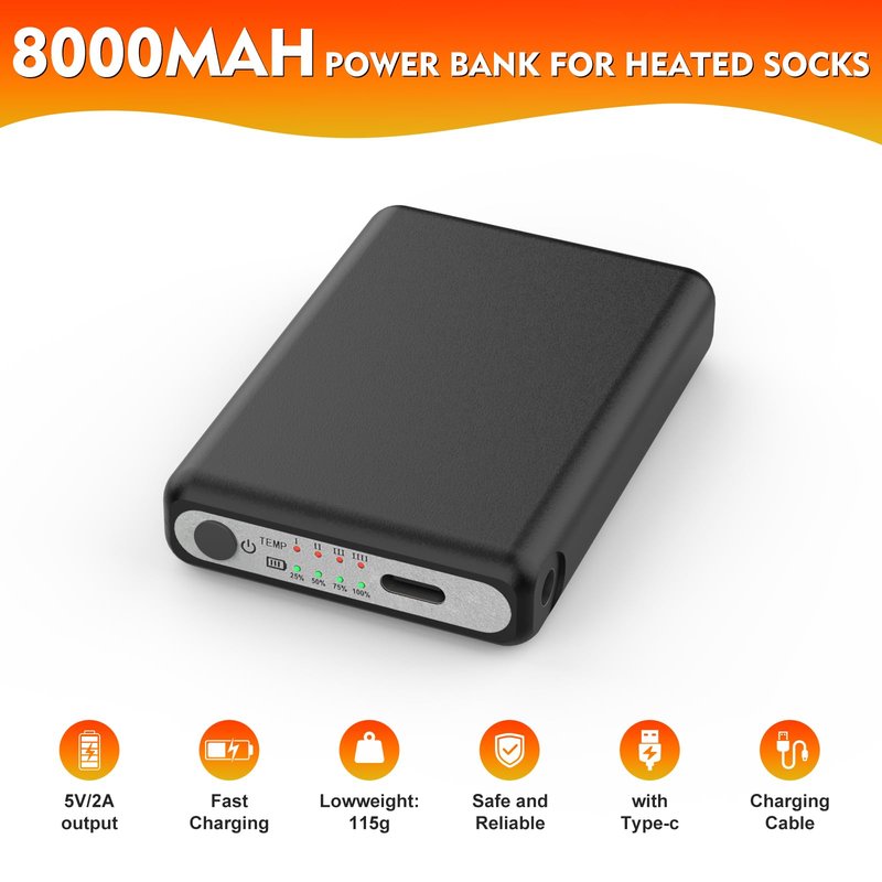 Netraty 2Pack 5V2A 8000mAh Rechargeable Batteries for Heated Socks Spare Battery,4 Heating Settings Replacement Large Capacity Battery