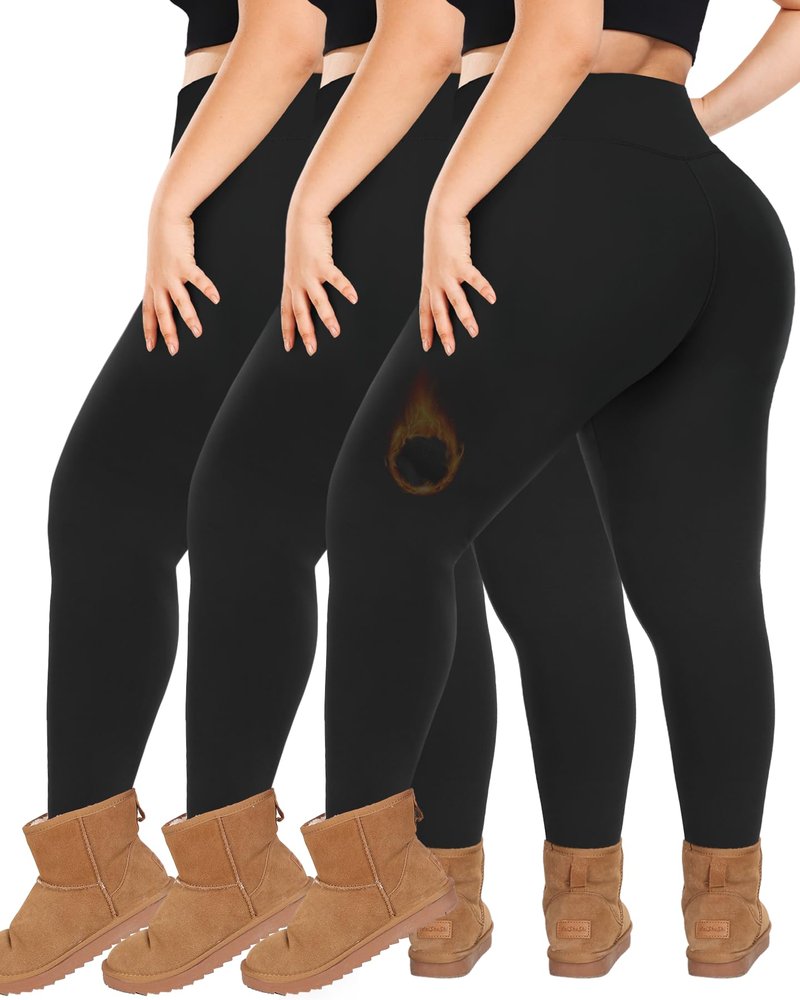Diu Life 3 Pack Plus Size Fleece Lined Leggings Women -Stretchy Warm Winter Yoga Pants Thermal Leggings (2X 3X 4X)