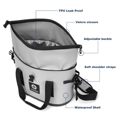 Vogano 40 Can Soft Cooler Bag - Insulated Leak-Proof Large Cooler Bag with Roll-Top Waterproof Seal | Portable Ice Chest for Camping, Beach, Travel, Picnics | 24HR Cold Retention (Gray)