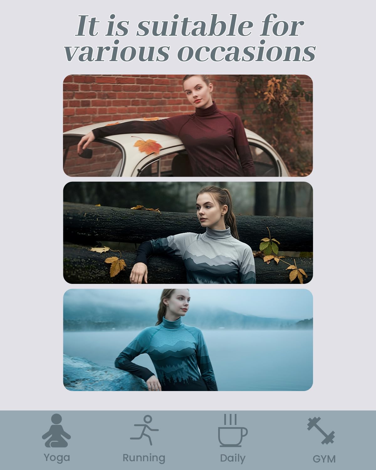 Leapstride Women's Slim Fit Turtleneck Performance Base Layer Long Sleeve Top with Placement Printed Mountain & Forest Design, Moisture - Wicking Super Soft CloudTouch Fabric