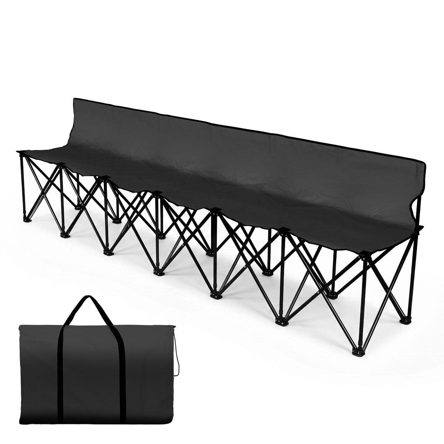 Flexzion Portable Folding Bench Seat, 6 Seater, Collapsible Soccer Bench, Portable Bench Seats for Bleachers, Camping, Sideline, with Back Rest and Carrying Bag, Black