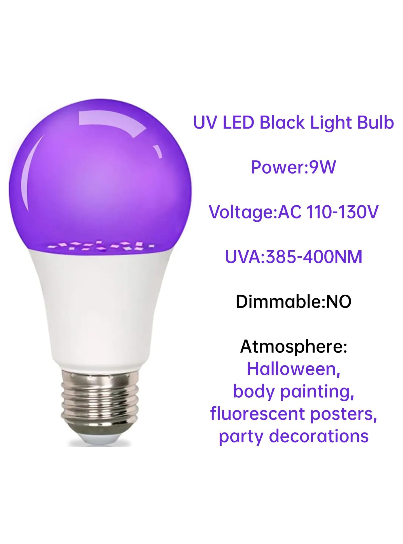 GODUORA 8-Pack LED Black Bulb, A19, UVA 385-400NM, 9W (100W Equivalent), E26 Head, Non-Dimmable, for Halloween Decorations, Glow Parties, Fluorescent Posters