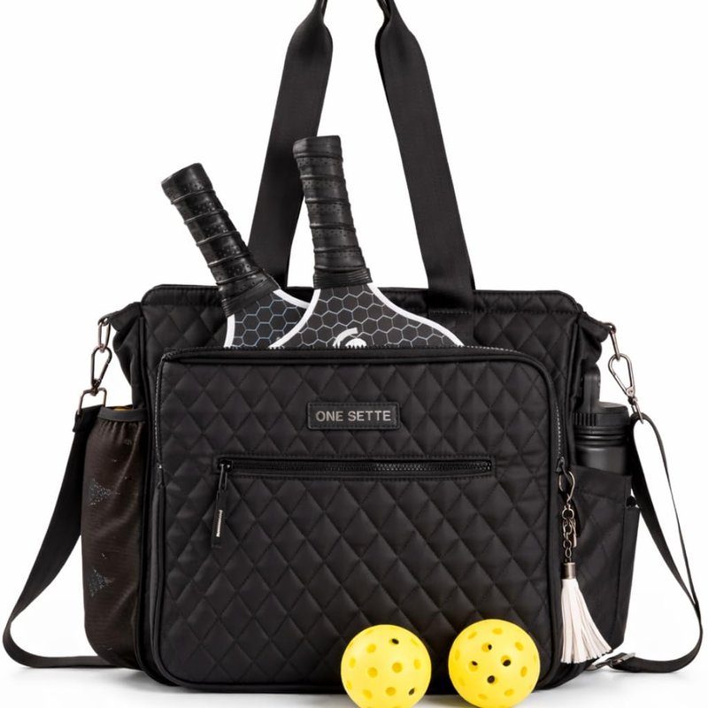 One Sette Pickleball Tote Bag for Women Gifts – Stylish Quilted Black – Lightweight - Pickle Ball Equipment with Fence Hook and Computer Compartment - Adjustable Shoulder Strap - Sports Gear Hand Bag