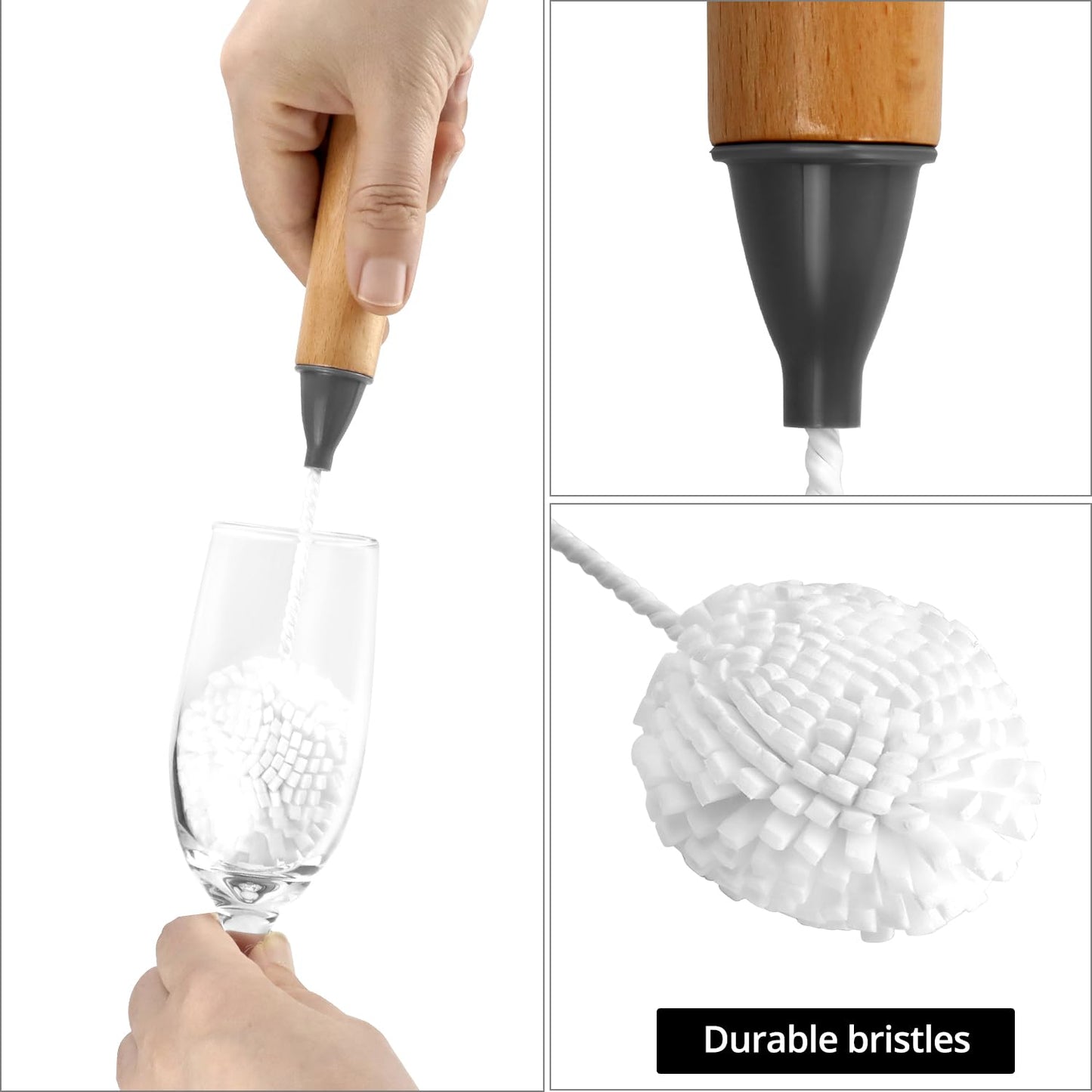 QWORK Whiskey Tasting Glass Brush - 3-Pack Natural Beech Wood Grips Foam Brush Cleaning Brushes