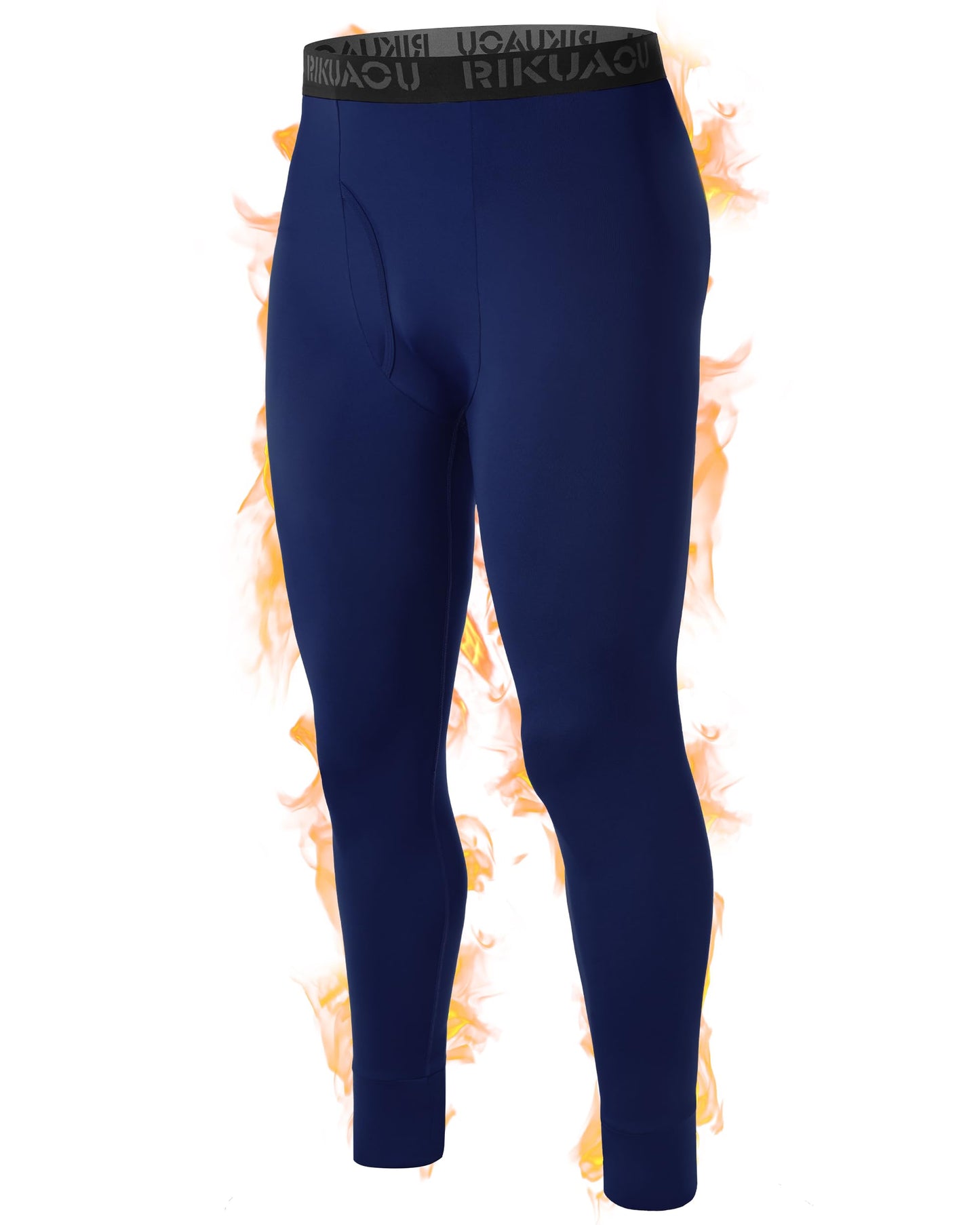 RIKUAOU Men's Thermal Underwear Bottoms, Fleece Lined Long Johns Pants with Fly, Athletic Base Layer Leggings Cold Weather Navy Blue